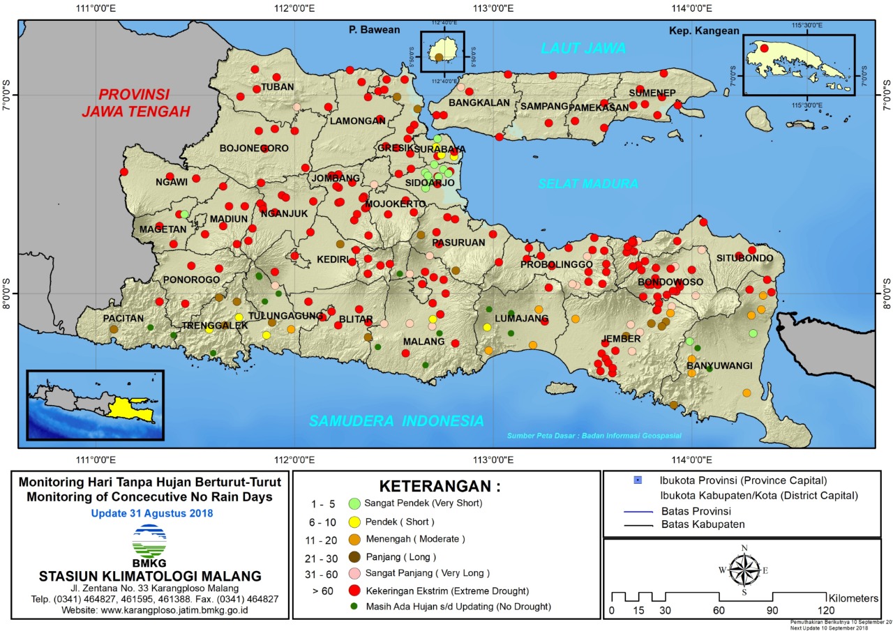 Peta Analisis Distribusi Curah Hujan Dasarian III Agustus 2018 dan Peta Prakiraan Curah Hujan Dasarian I September 2018 di Provinsi Jawa Timur