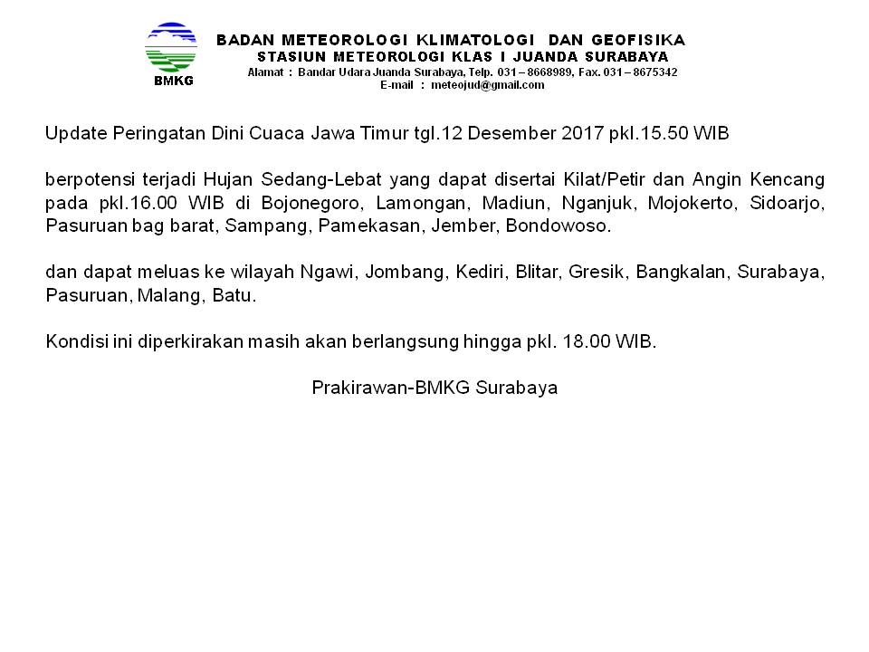 Update Peringatan Dini Cuaca Jawa Timur hari Selasa, 12 Desember 2017,  Pkl 15.50  - 18.00 WIB. 