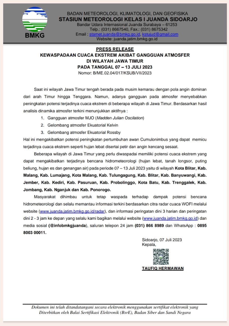 Press Release Kewaspadaan Cuaca Ekstrem Akibat Gangguan Atmosfer di Wilayah Jawa Timur Pada Tanggal 07 - 13 Juli 2023