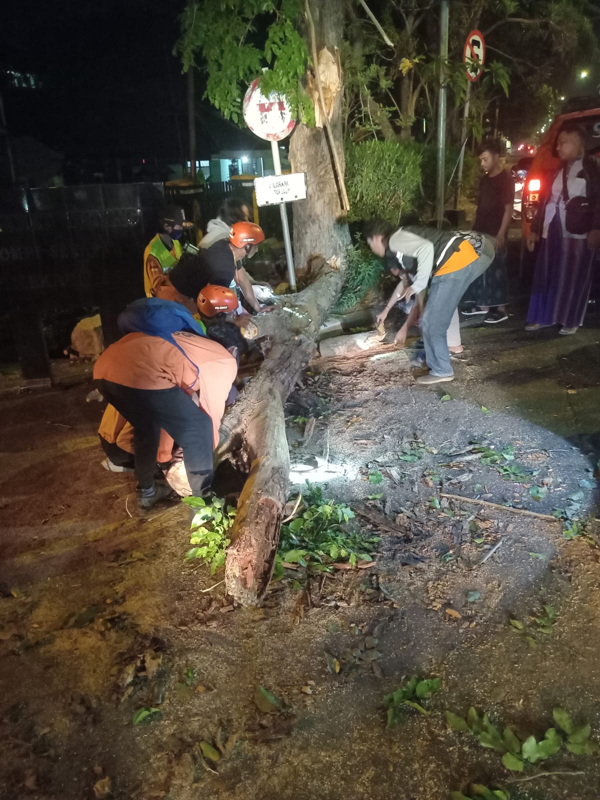 Tim Posko BPBD Sidoarjo melakukan evakuasi pohon tumbang di  Depan Gapura Bataliyon Infantri Mekanis 516 / CY, Kecamatan Candi
